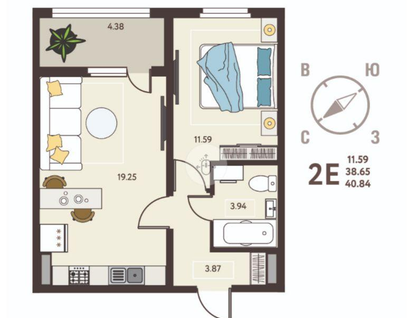 1-к. квартира, 41 м²