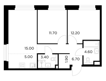 3-комнатная квартира, 60&nbsp;м²