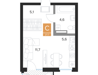Студия, 27,7&nbsp;м²