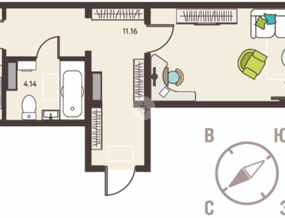 1-к. квартира, 44 м²