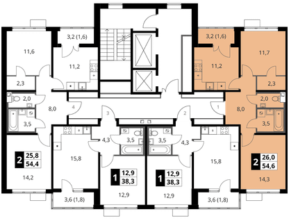 2-к. квартира, 54&nbsp;м²