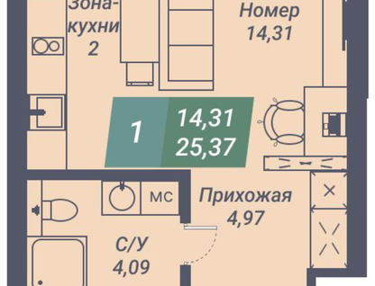 Студия, 25,4&nbsp;м²