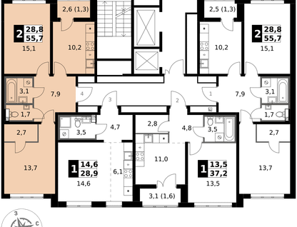 2-к. квартира, 55&nbsp;м²