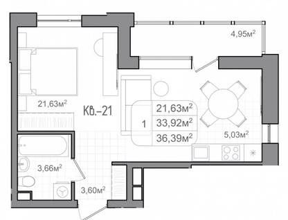 1-к. квартира, 36,4&nbsp;м²