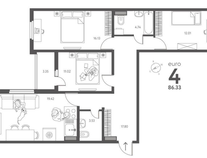 4-к. квартира, 86,3 м²