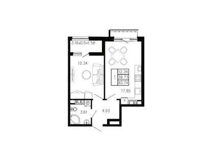 1-к. квартира, 40&nbsp;м²