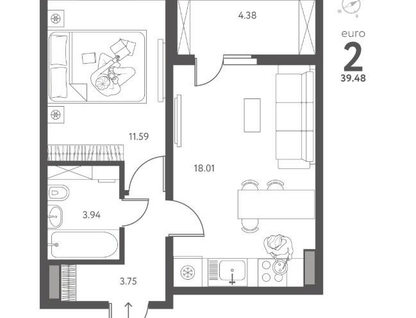2-к. квартира, 39,5&nbsp;м²