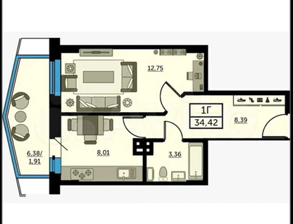 1-к. квартира, 36&nbsp;м²