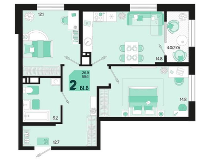 2-к. квартира, 61,6&nbsp;м²