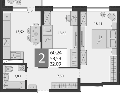 2-к. квартира, 66,6&nbsp;м²