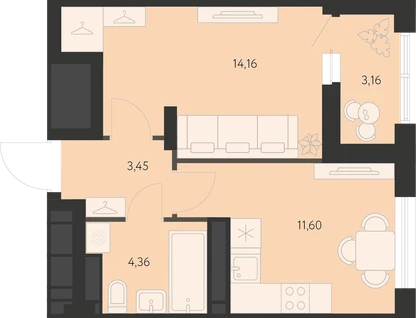 1-к. квартира, 35&nbsp;м²