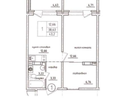1-к. квартира, 43,2&nbsp;м²