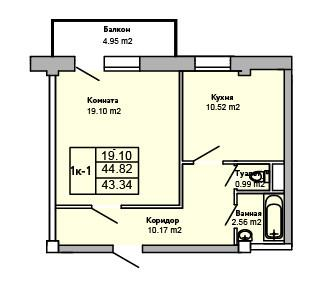 1-к. квартира, 44,8&nbsp;м²