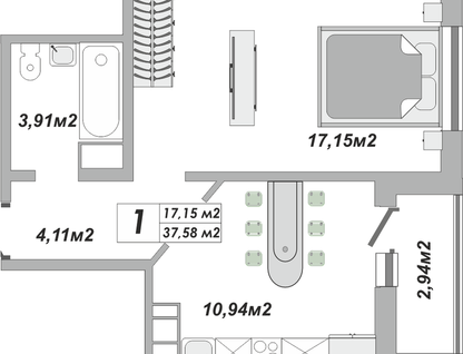 1-к. квартира, 37,6&nbsp;м²