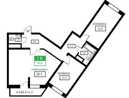 3-к. квартира, 75,8&nbsp;м²