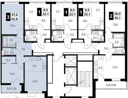 3-к. квартира, 62 м²