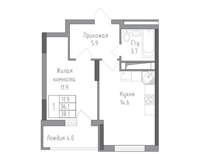 1-к. квартира, 38,2&nbsp;м²