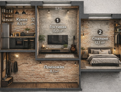 2-к. квартира, 54&nbsp;м²