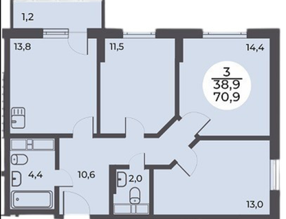 3-к. квартира, 70,9 м²