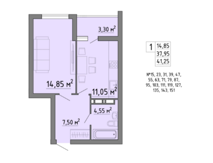 1-к. квартира, 41,2&nbsp;м²