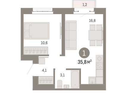 1-к. квартира, 35,8&nbsp;м²