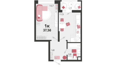 1-к. квартира, 37,5&nbsp;м²