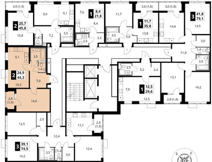 2-к. квартира, 44&nbsp;м²