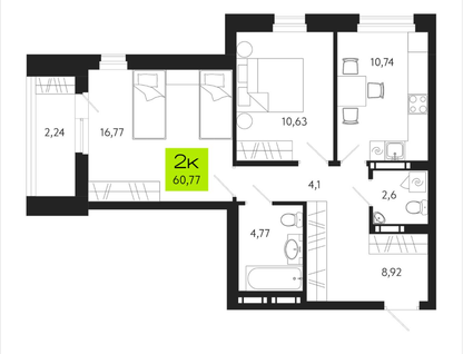 2-к. квартира, 61&nbsp;м²