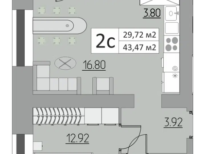 2-к. квартира, 43,5&nbsp;м²