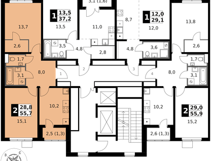 2-к. квартира, 55&nbsp;м²