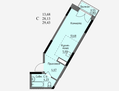 Студия, 28,1&nbsp;м²