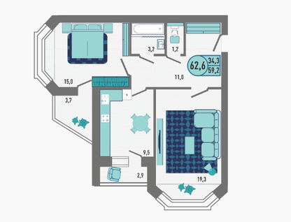 2-к. квартира, 62,6 м²