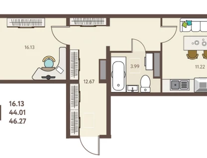 1-к. квартира, 46,3&nbsp;м²