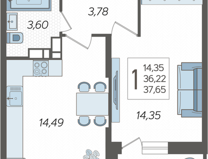 1-к. квартира, 37,6&nbsp;м²