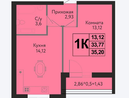 1-к. квартира, 35,2&nbsp;м²