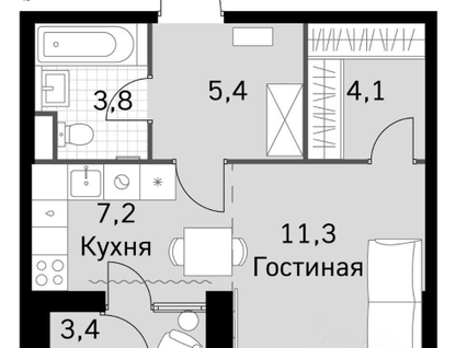 Студия, 34,4&nbsp;м²