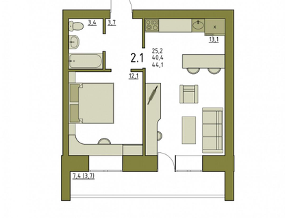 1-к. квартира, 44,1&nbsp;м²