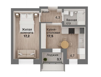 1-к. квартира, 45,3&nbsp;м²
