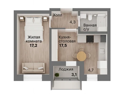 1-к. квартира, 45,3&nbsp;м²