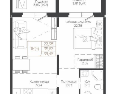 1-к. квартира, 39,5 м²