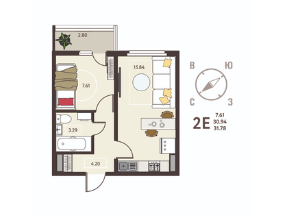 1-к. квартира, 31,8 м²