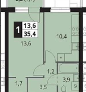 1-к. квартира, 35,4 м²