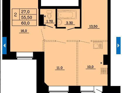 2-к. квартира, 60&nbsp;м²