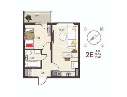 2-к. квартира, 31,8&nbsp;м²