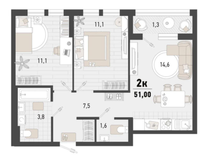 2-к. квартира, 51&nbsp;м²