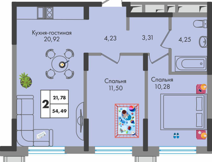 2-к. квартира, 54&nbsp;м²