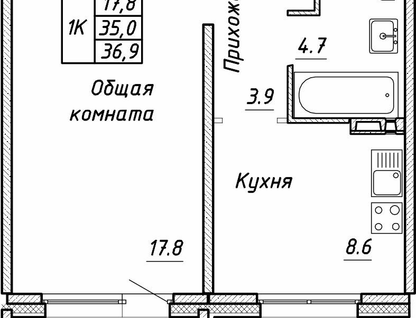 1-к. квартира, 36,9&nbsp;м²