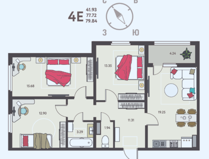 4-к. квартира, 79,8 м²
