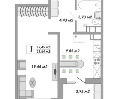 1-к. квартира, 39,6 м²