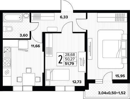 2-к. квартира, 52,6 м²